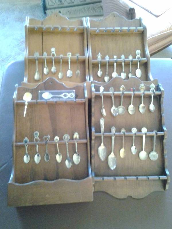 Collection Of Souvenir Spoons & Display Racks