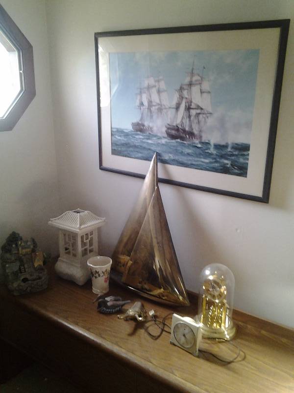 Credenza 20x76x24 With Framed Ship Picture, Sail Boat Wall Decor, Asian Pagoda Solar Candle, Anniversary Clock, Misc