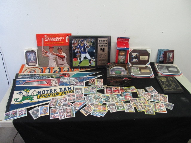 lot 54 image: Large Lot of Sports Collectibles Cards Pennants etc.