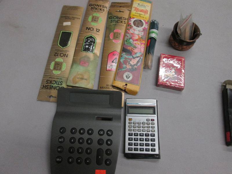 Incense sticks, 2 Calculators, Card...