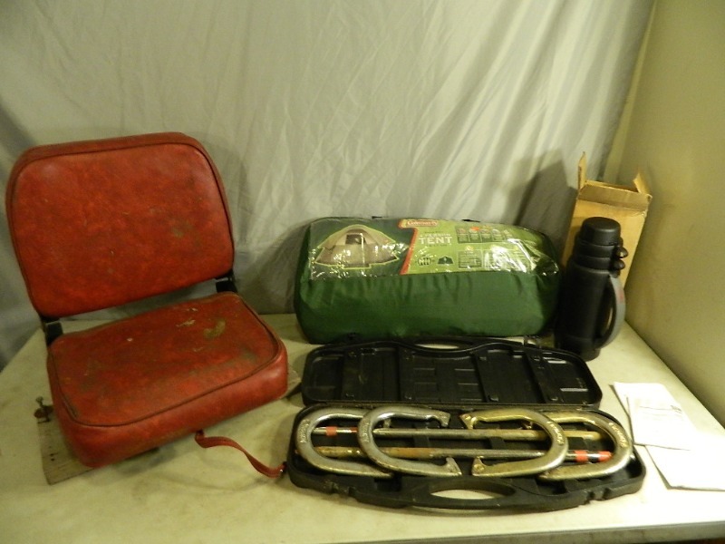 lot 101 image: Tent, Thermos, Horseshoe Set, and More