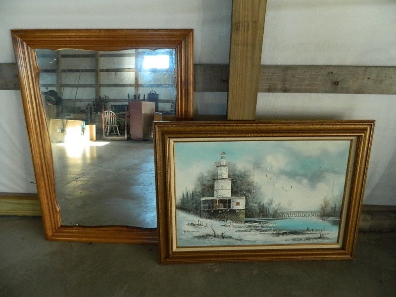 lot 174 image: Large Canvas Painting and Mirror