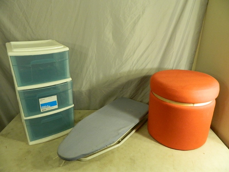 lot 231 image: Storage Ottoman, Tabletop Ironing Board, and Organizer