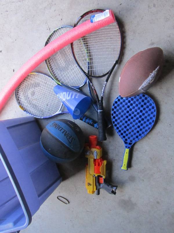 lot 41 image: Plastic tote of sports equipment...
