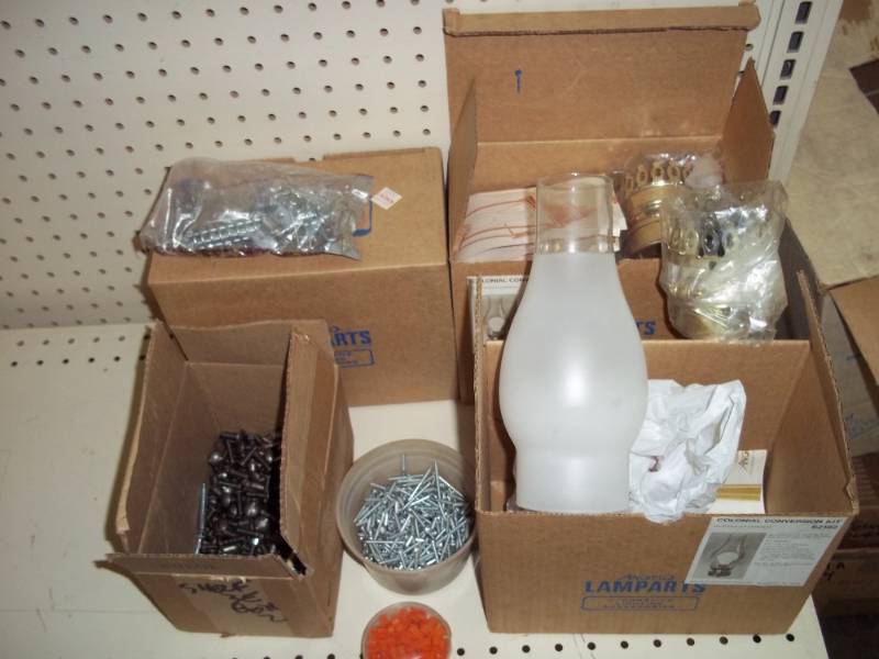 3 Lamp Hardware with glass shades and asst. hardware