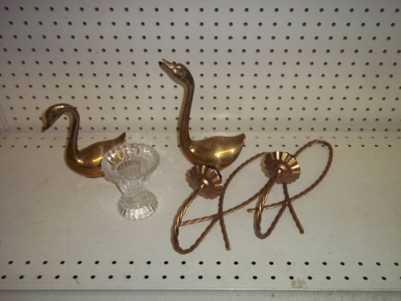 2 Brass Swans, 2 brass candle holders and glass vase