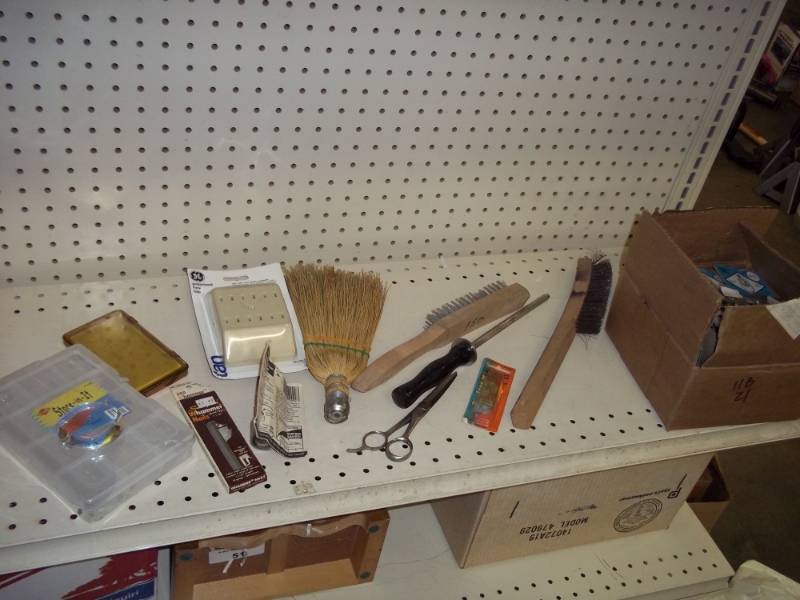 Wire Brushes, knife sharpener, ring  pulls and storage container