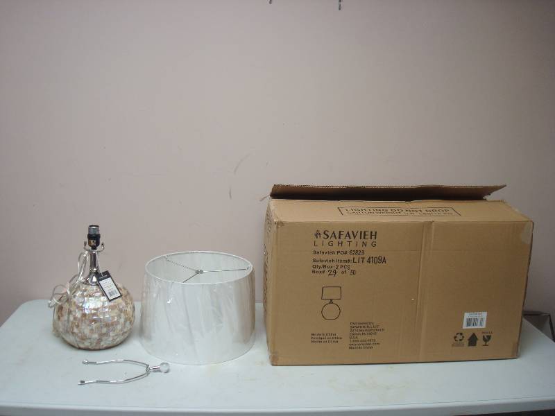 lot 3 image: Pair Of New Safavieh Mosaic Shell Base Lamps, Model # LIT4109A Retail For $129.99, Other In Box, Box Opened For Pictures