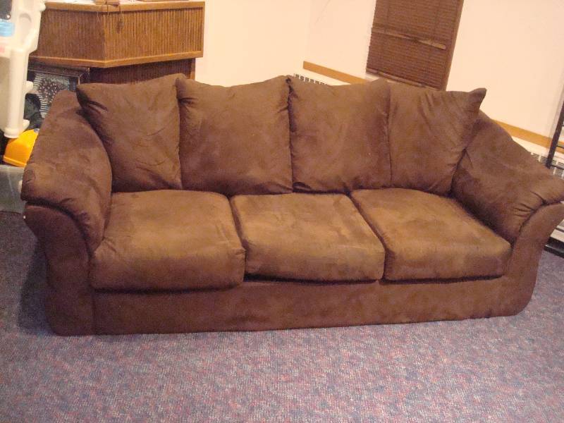 lot 9 image: Brown Micro Fiber Full Size Couch, Used, Has Wear, Small Burn Mark, Marks, Has Legs