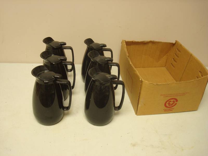 lot 35 image: Lot Of Vintage Thermo-Serv Coffee Pitchers, Plastic, Used, Some Wear