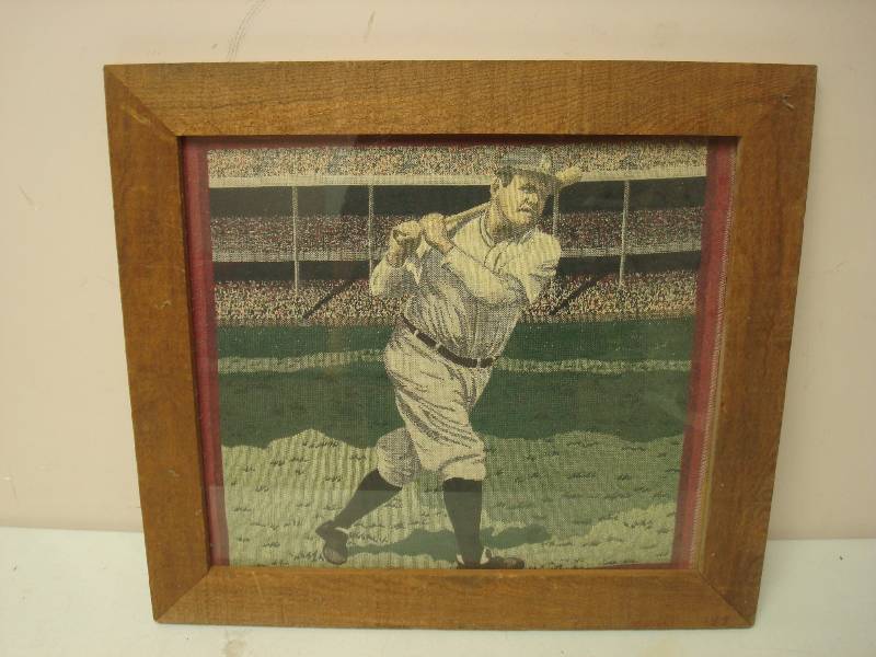 lot 51 image: Wood Framed Cross Stitch Fabric Of Babe Ruth