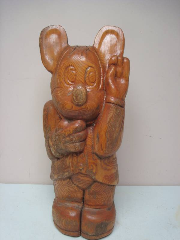 lot 65 image: 27 Carved Wood Statue Of Mickey Mouse, Lots Of Wear, Crack In The Back