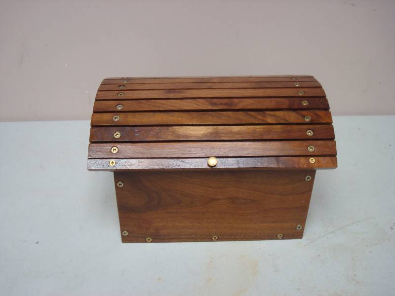 lot 142 image: Wood Box, Has Some Wear, Loose Hinge