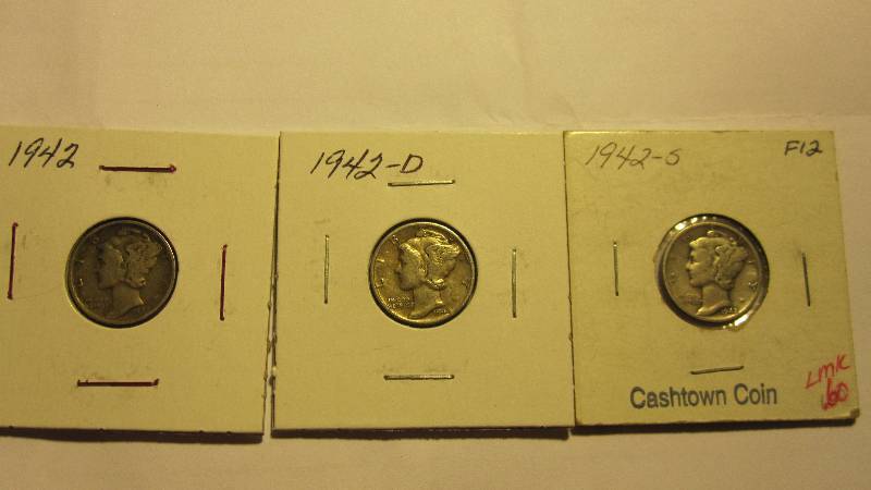 Three Different Mercury Dimes 1942, 1942-D, & 1942-S