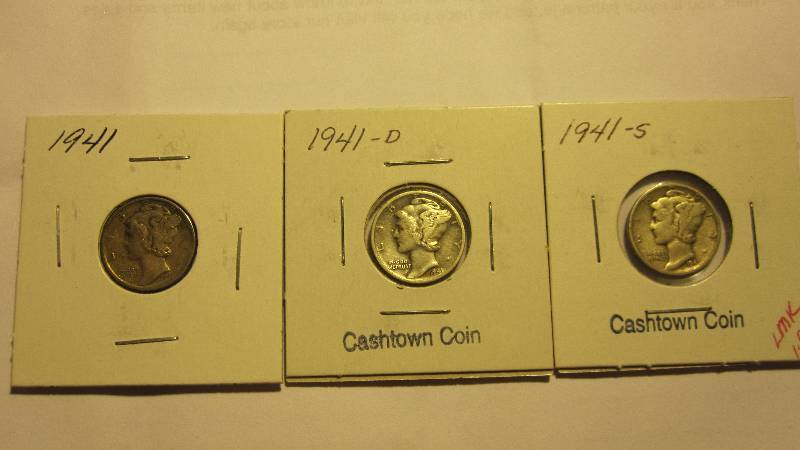 Three Different Mercury Dimes 1941, 1941-D, & 1941-S