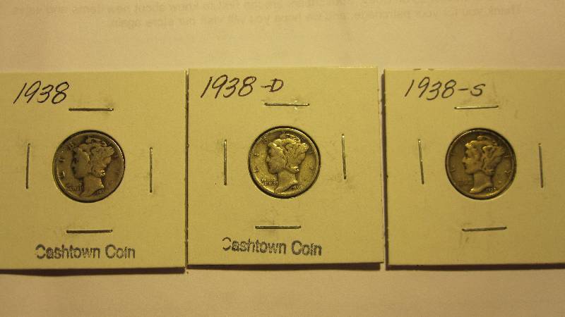 Three Different Mercury Dimes 1938, 1938-D, & 1938-S