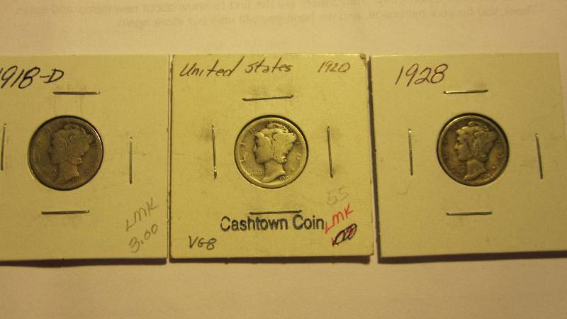 Three Different Mercury Dimes 1918-D, 1920, & 1928
