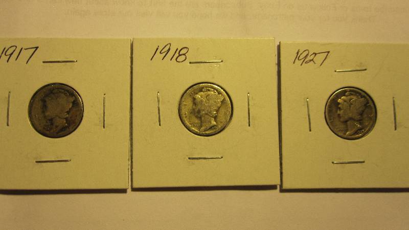 Three Different Mercury Dimes - 1917, 1918, & 1927