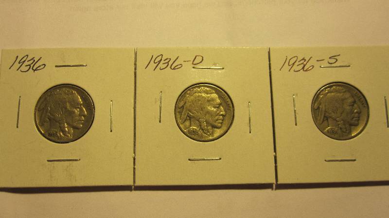 Three Different Buffalo Nickels - 1936, 1936-D, & 1936-S