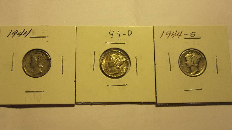 Three Different Mercury Dimes 1944, 1944-D, & 1944-S