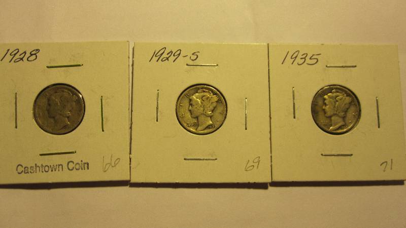 Three Different Mercury Dimes - 1935, 1928, & 1929-S