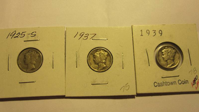 Three Different Mercury Dimes 1925-S, 1937, & 1939