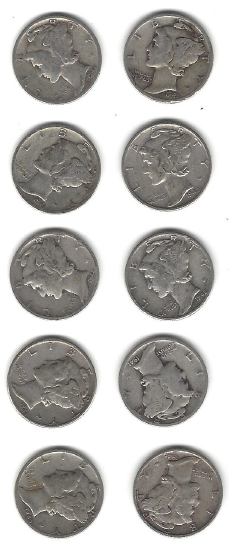 Ten Different Mercury Dimes 1944,1941, 1943, 1940, 1942-S, 1943-S,1940-S, 1944, 1945, & 1944-D