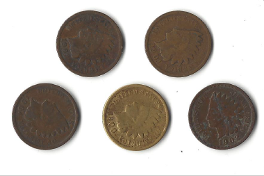 5 Different Indian Cents - 1904, 1905, 1906, 1907, & 1908