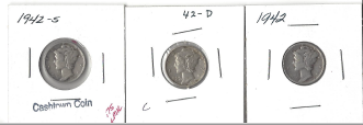 Three Different Mercury Dimes 1942, 1942-D, & 1942-S