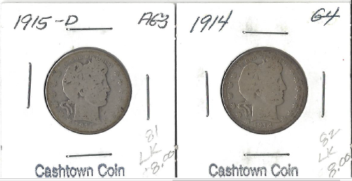 Two Barber Quarters 1914 & 1915-D