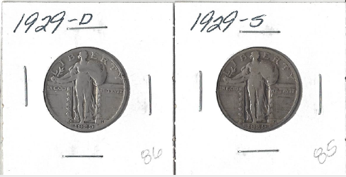 Two Different Standing Liberty Quarters 1929-D & 1929-S