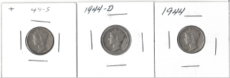 Three Different Mercury Dimes 1944, 1944-D, & 1944-S