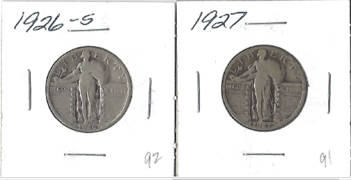 Two Different Standing Liberty Quarters 1927 & 1926-S