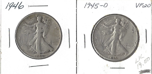 Two Walking Liberty Half Dollars 1945-D & 1946