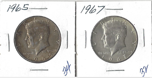 Two Silver Kennedy Half Dollars 1965 & 1967