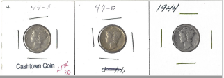 Three Different Mercury Dimes 1944, 1944-D, & 1944-S