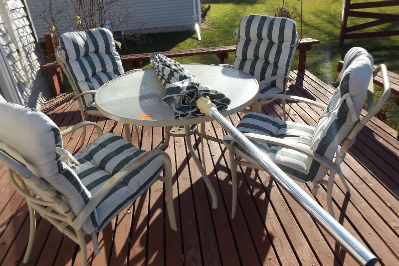 Patio Table, Chairs, Umbrella