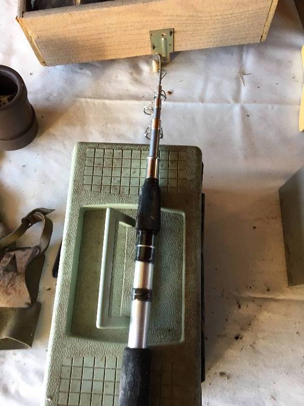 lot 38 image: FISHING TACKLE BOX AND COLLAPSIBLE FISHING ROD