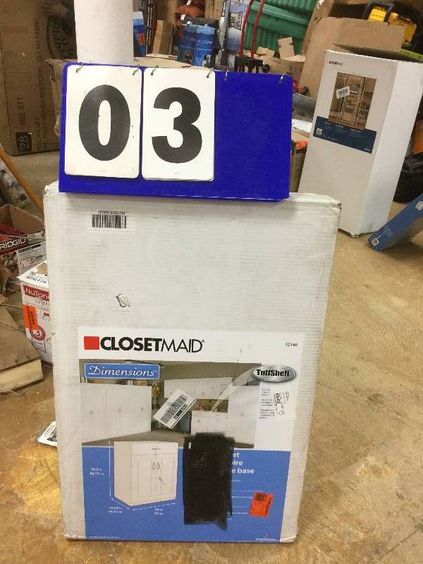 lot 3 image: ClosetMaid 24 in. Freestanding Raised Panel Base Cabinet with 1-Drawer and 2-Door, open box stock and actual photos used to display item