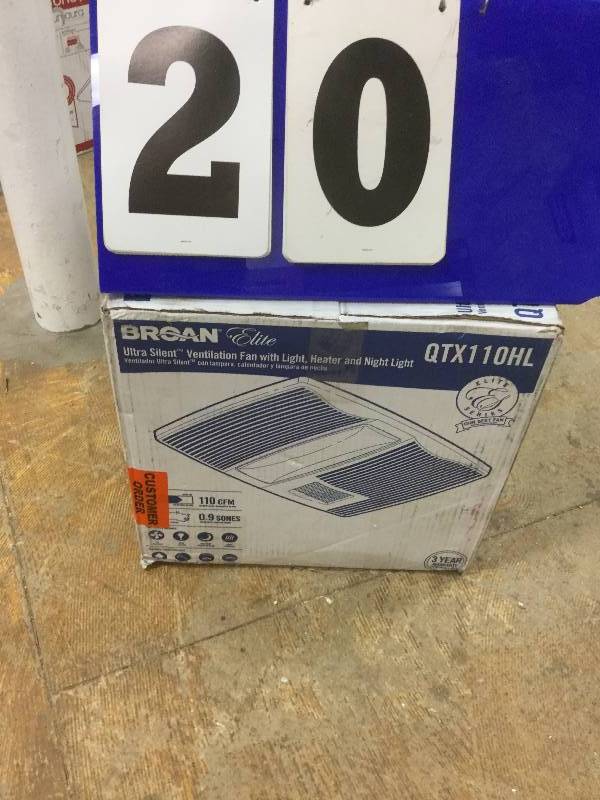 lot 20 image: Broan QTX Series Very Quiet 110 CFM Ceiling Exhaust Bath Fan with Light and Heater open box stock and actual photos used to display item