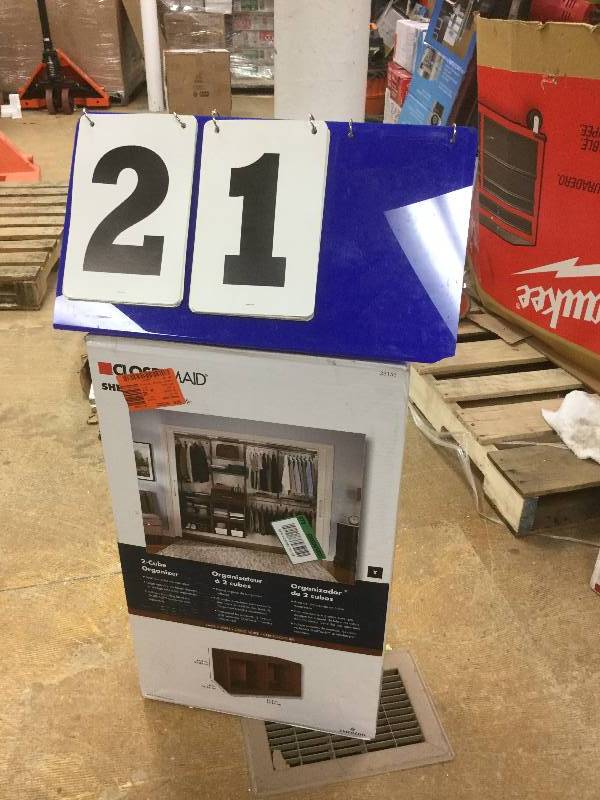 lot 21 image: ClosetMaid 23-35 in. x 14-58 in. Elite Dark Cherry 2-Cube Organizer open box stock and actual photos used to display item