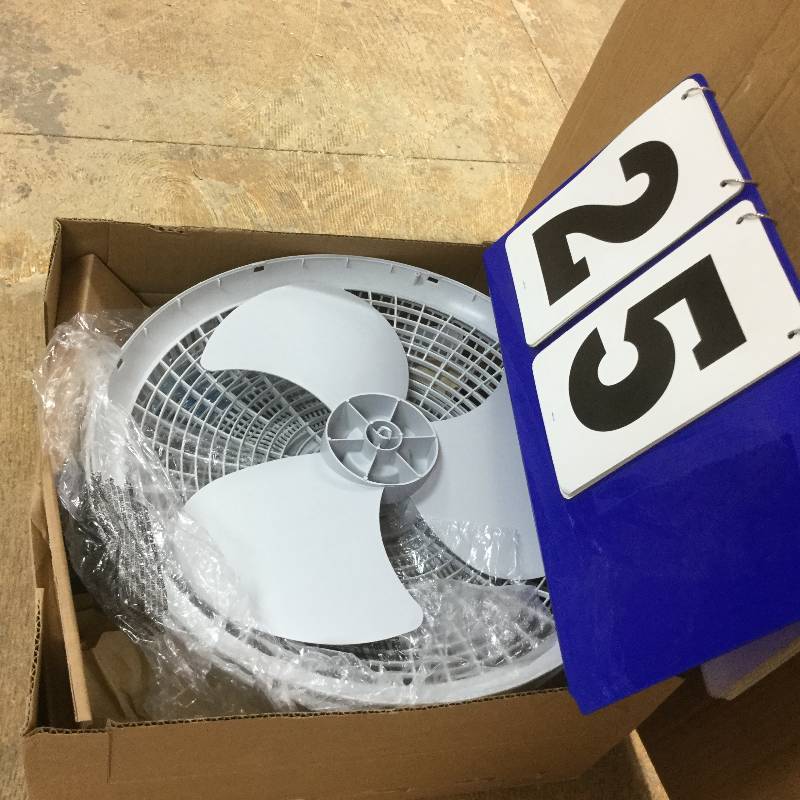 lot 25 image: Lasko 16 in. 3-Speed Oscillating Wallmount Fan with Remote Control, open box stock and actual photos used to display item