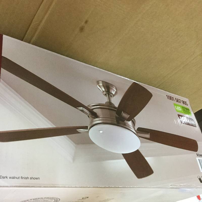 lot 29 image: Home Decorators Collection Daylesford 52 in. LED Brushed Nickel Ceiling Fanopen box stock and actual photos used to display item
