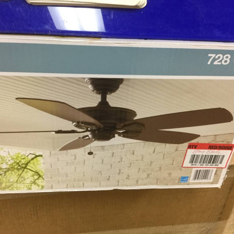 lot 30 image: Hampton Bay Heirloom 52 in. Outdoor Oil-Rubbed Bronze Ceiling Fan open box stock and actual photos used to display item