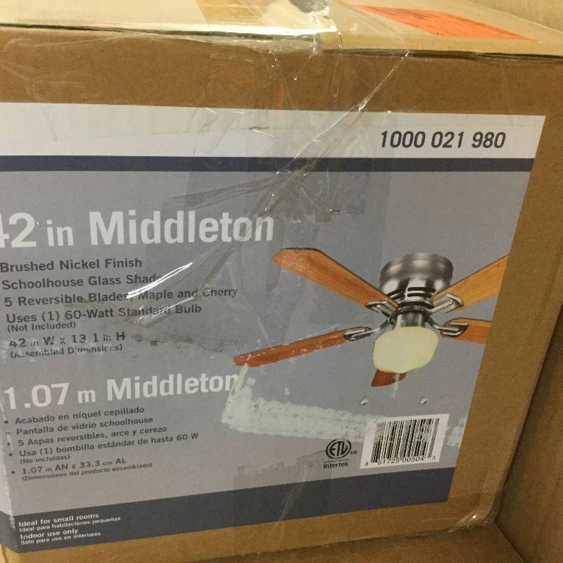 lot 31 image: Hampton Bay Middleton 42 in. Brushed Nickel Ceiling Fan,open box stock and actual photos used to display item