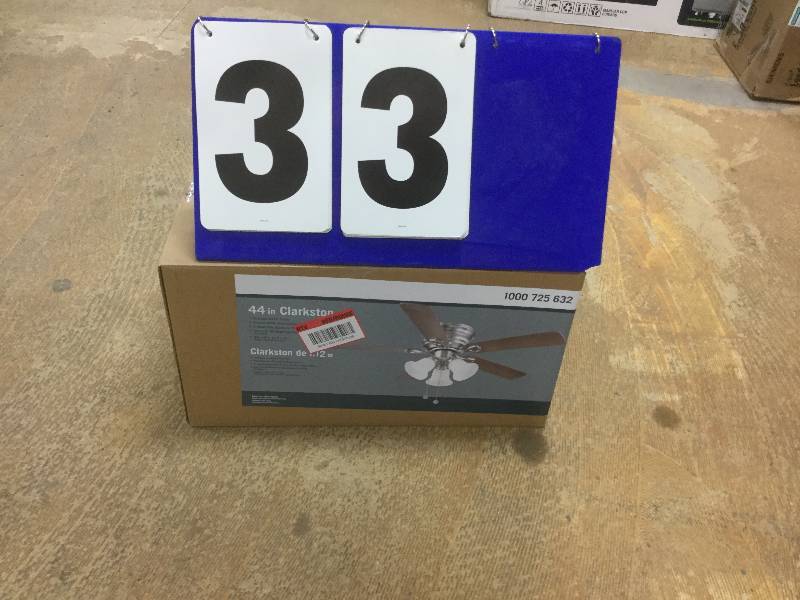 lot 33 image: Clarkston 44 in. Oiled Rubbed Bronze Ceiling Fan with Light Kit  open box stock and actual photos used to display item