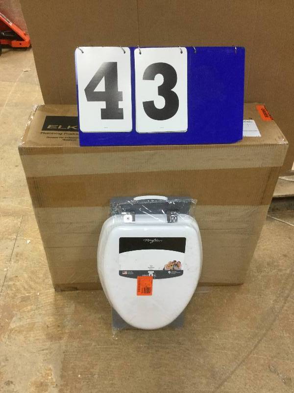 lot 43 image: BEMIS Elongated Closed Front Toilet Seat in White  New open box stock and actual photos used to display item