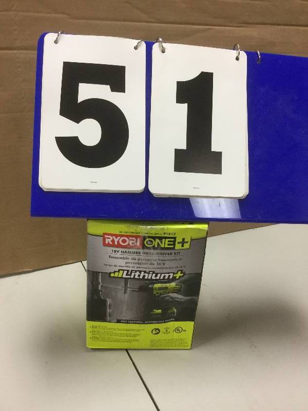 lot 51 image: Ryobi ONE 18-Volt Lithium-Ion Cordless Hammer Drill Kit open box stock and actual photos used to display item
