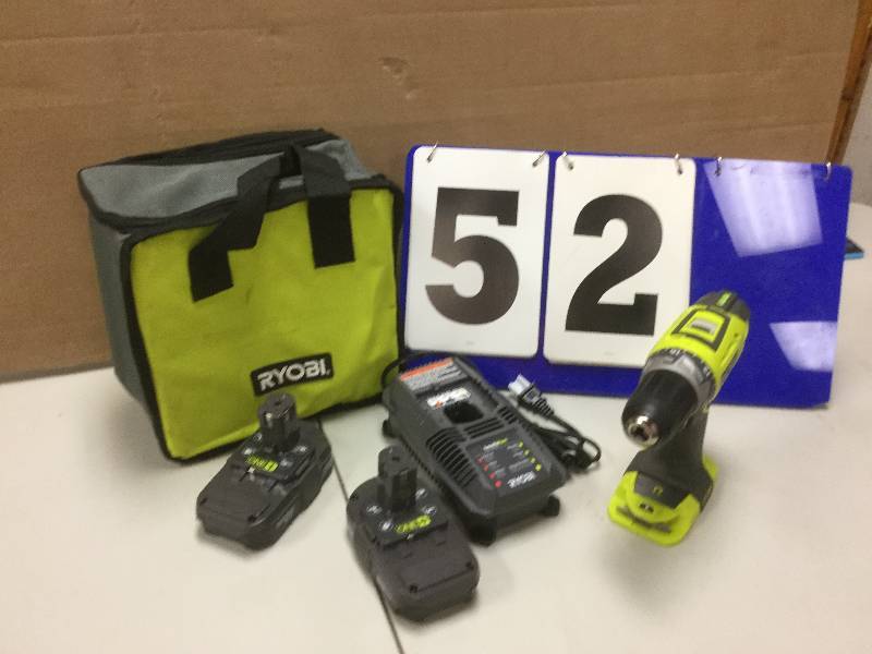lot 52 image: Ryobi ONE 18-Volt Lithium-Ion Compact DrillDriver Kit open box stock and actual photos used to display item