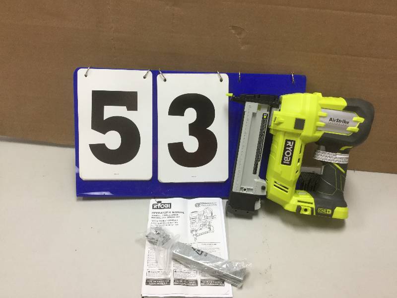 lot 53 image: Ryobi 18-Volt ONE AirStrike 18-Gauge Cordless Narrow Crown Stapler (Tool-Only)  open box stock and actual photos used to display item